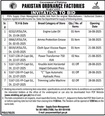 Pakistan Ordnance Factories Wah Cantt Tender Notice
